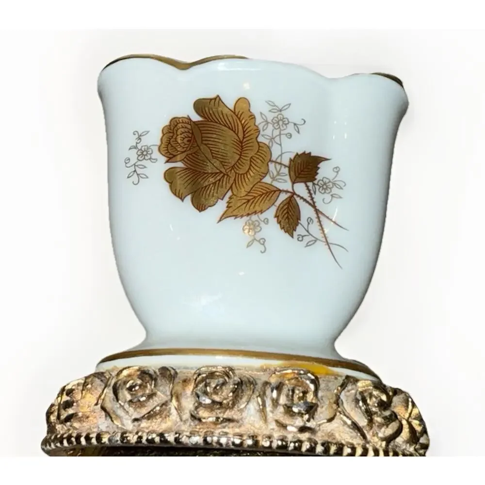 Vintage Heavy porcelain tooth brush holder White With Gold Roses Leaf 3.5 Inch